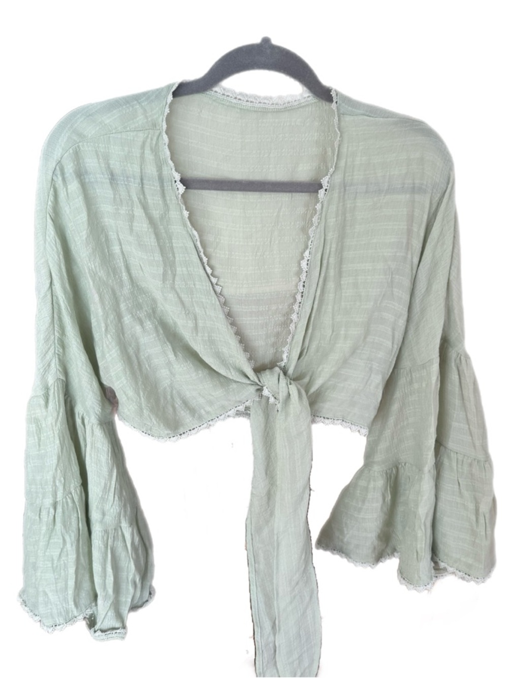 SHEIN Light Sage Green Tie-Front Bell Sleeve Crop Top